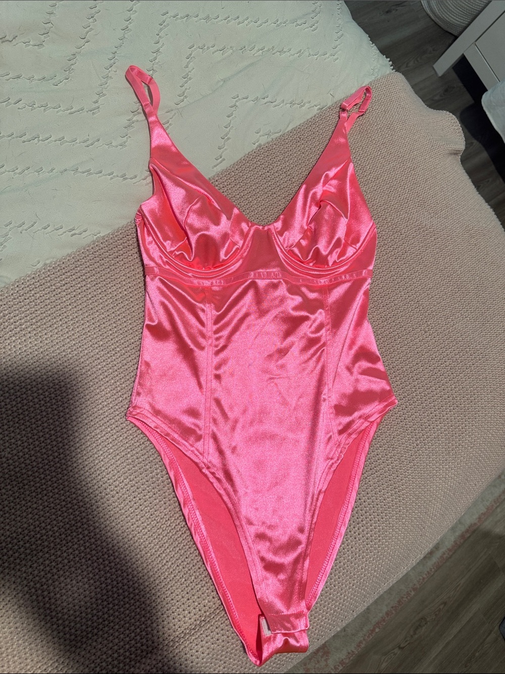 Women's Satin Pink Bodysuit - Classic V-Neck Intimates